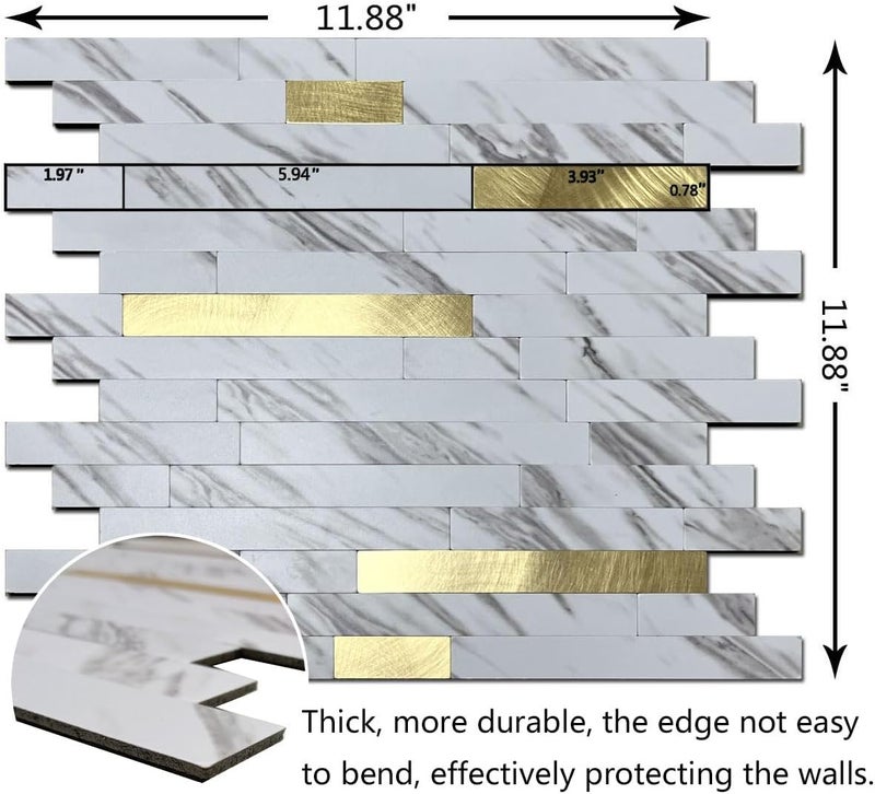weimeisc 10 Sheets Peel and Stick Backsplash Tile for Kitchen, Self-Adhesive Mosaic Tile, Stick on Bathroom Vanities，Fireplace Décor, Laundry Table((White Marble+Frosted Gold) - Image 2